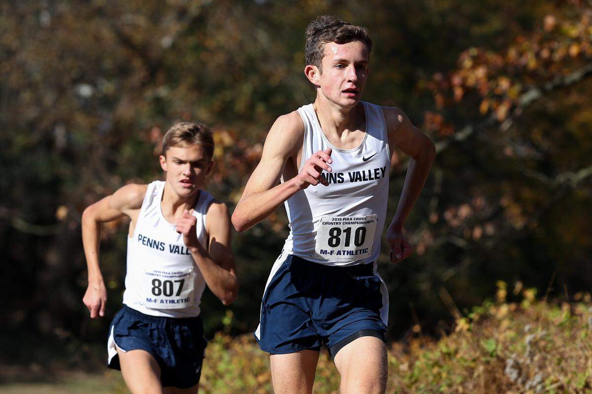 Penns Valley’s Colton Sands (front) was named the 2019 Mountain League boys’ cross-country MVP. Teammate Brendan Colwell was also a first-team selection. Sands and Colwell placed first and second, respectively, at the PIAA Class 1A Cross Country Championships on Nov. 2.