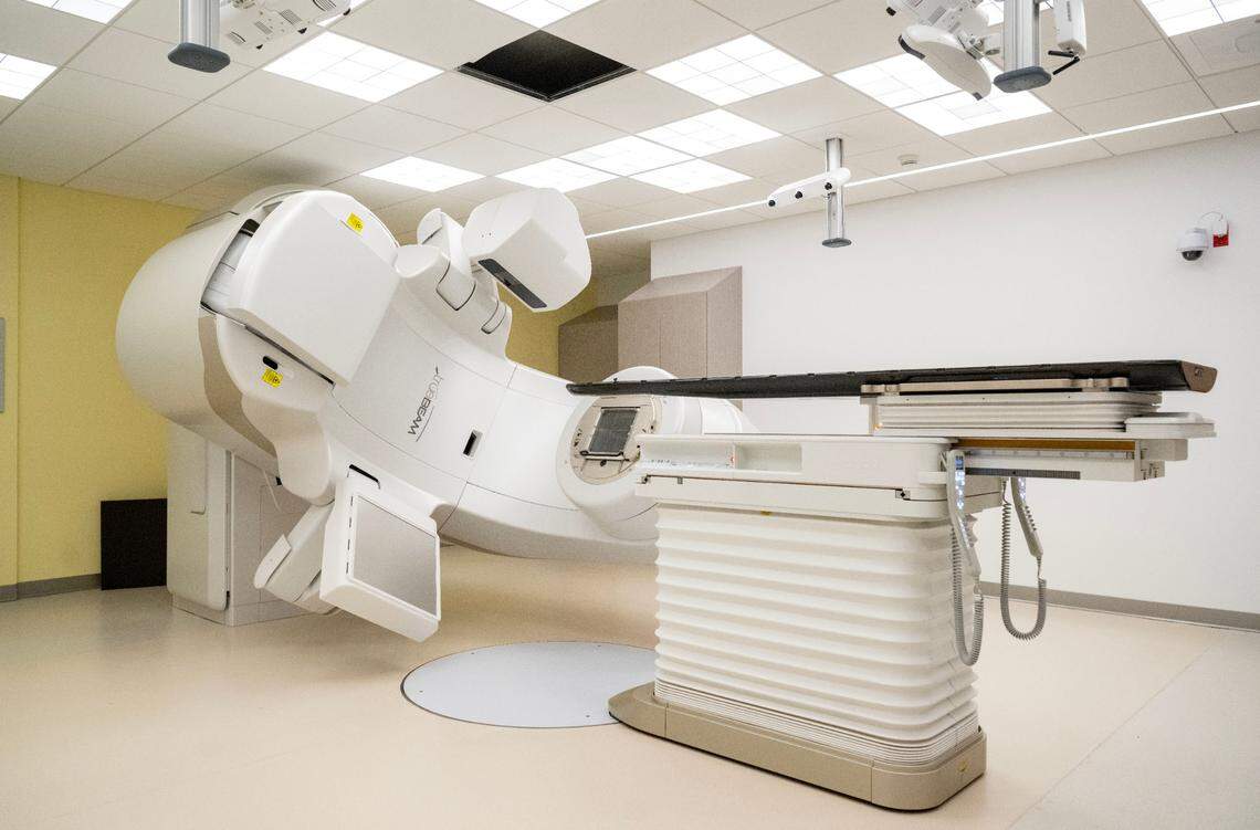 A linear accelerator, a machine that is able to aim radiation at cancer tumors with pinpoint accuracy, is a feature of the Hahne Cancer Center at Penn Highlands State College on Thursday, June 6, 2024.