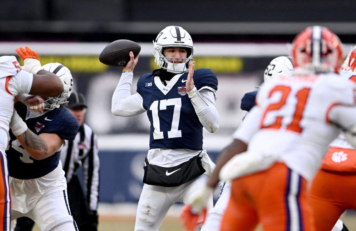 Penn State quarterback Ethan Grunkemeyer makes a pass during the Pinstripe Bowl against Clemson at Yankee Stadium on Saturday, Dec. 27, 2025.
