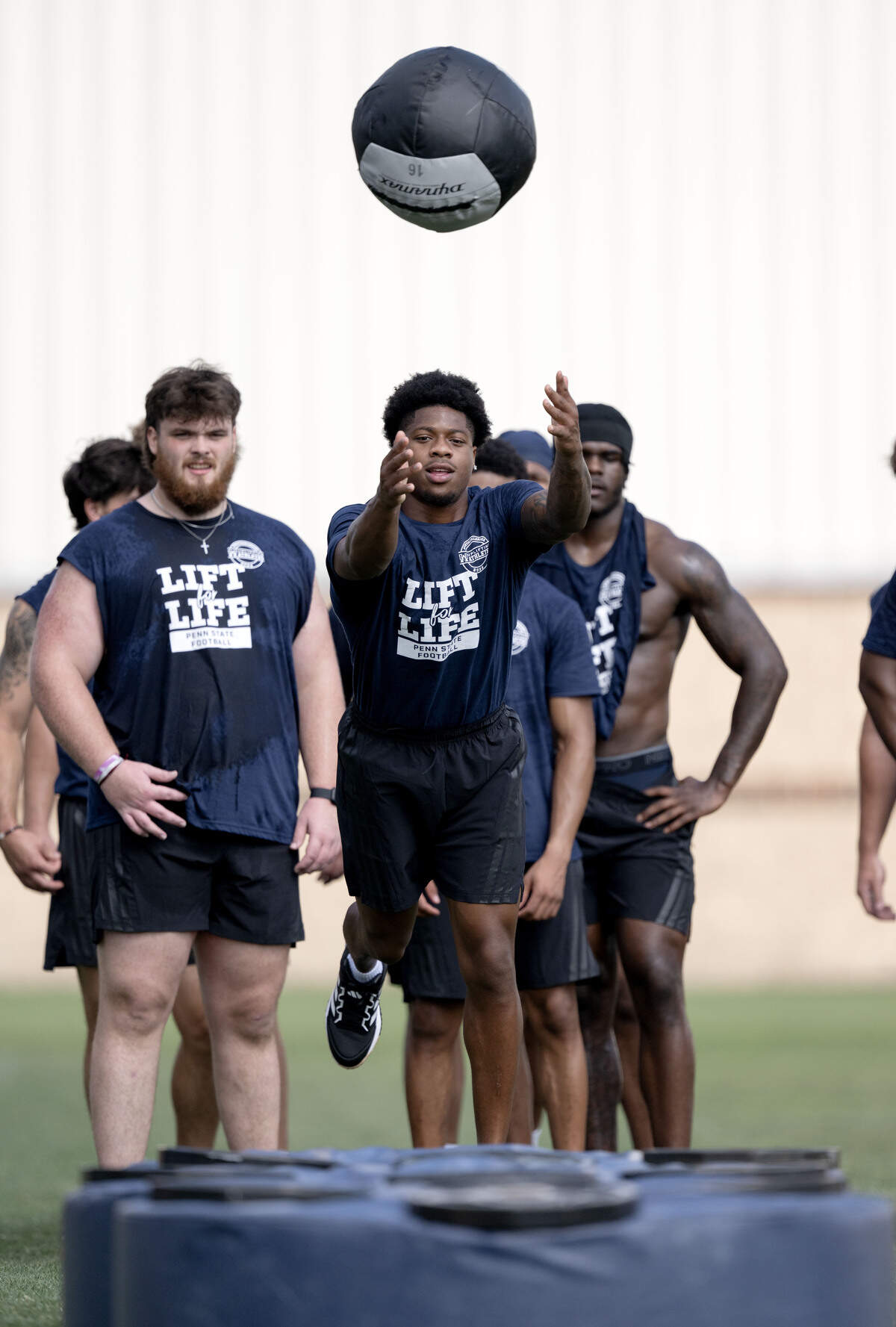 Penn State cornerback Jahmir Joseph tosses a weighted ball during Lift For Life on Wednesday, July 1, 2026.