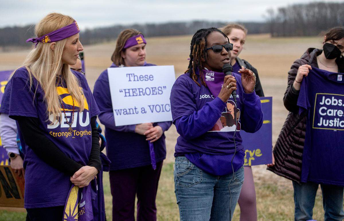 Nia Rodriguez speaks about the issues at The Meadows Psychiatric Center as workers and former workers rally to unionize on Wednesday.