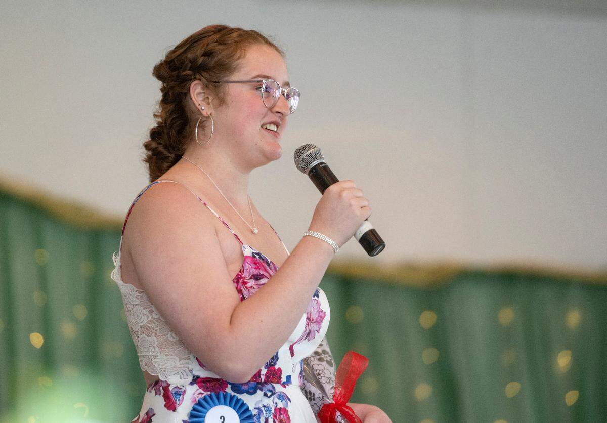 Ella Smith introduces herself during the 2022 Centre County Grange Fair Queen coronation on Wednesday, Aug. 17, 2022.