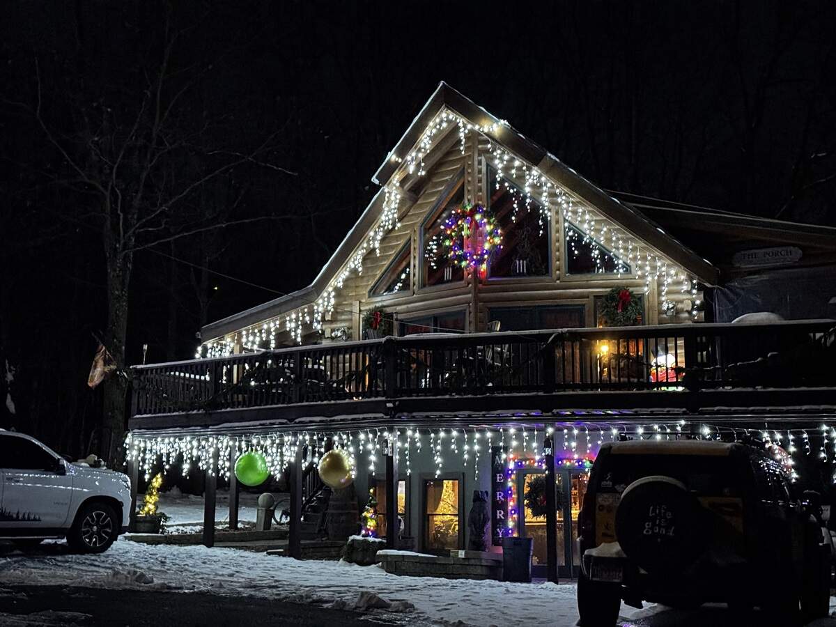 Large wreaths and ornaments hang on 1284 Bald Eagle Pike, Tyrone, on Dec. 4, 2025.