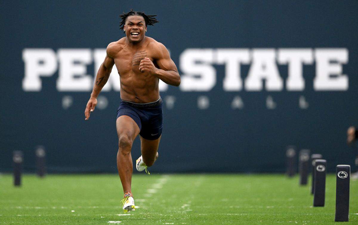 Safety Ji’Ayir Brown runs the 40 yard dash during Penn State football’s Pro Day on Friday, March 24, 2023.