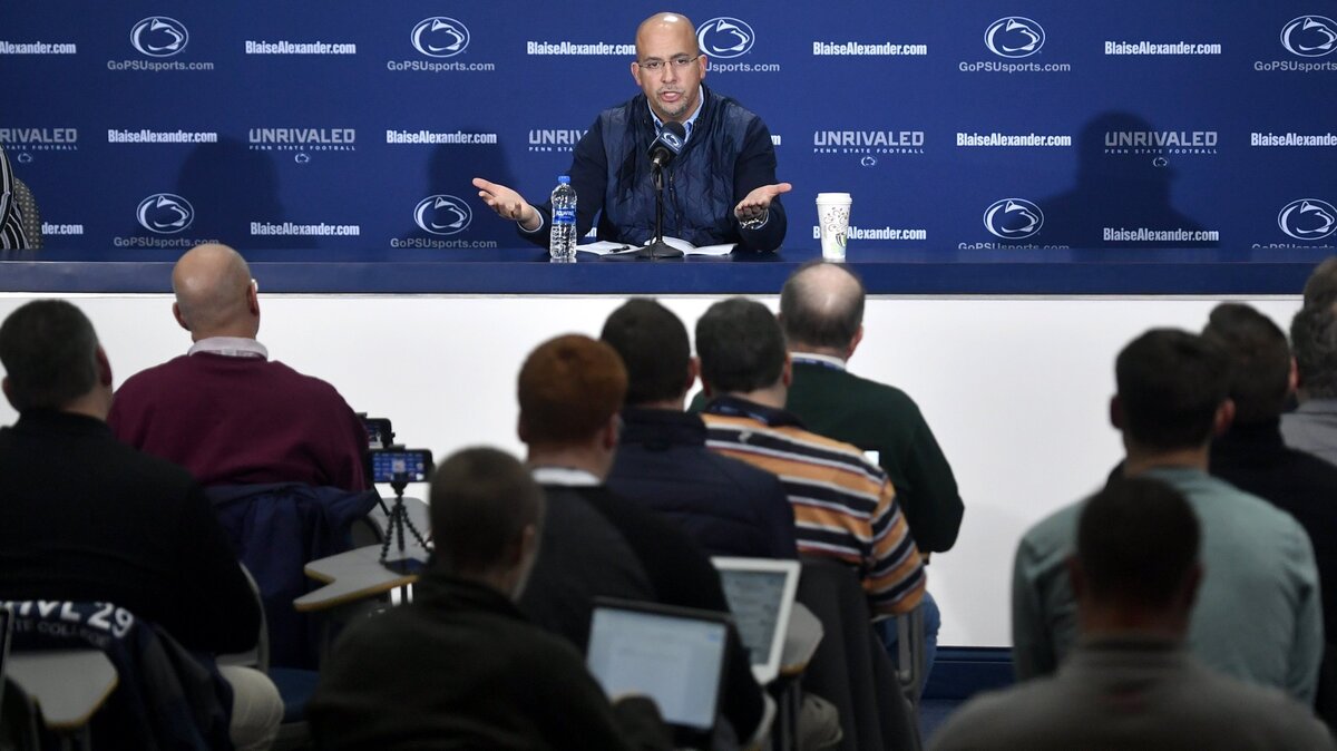 Penn State football coach James Franklin answers questions about players declaring early for the NFL draft during the press conference on Friday, Dec. 14, 2018.