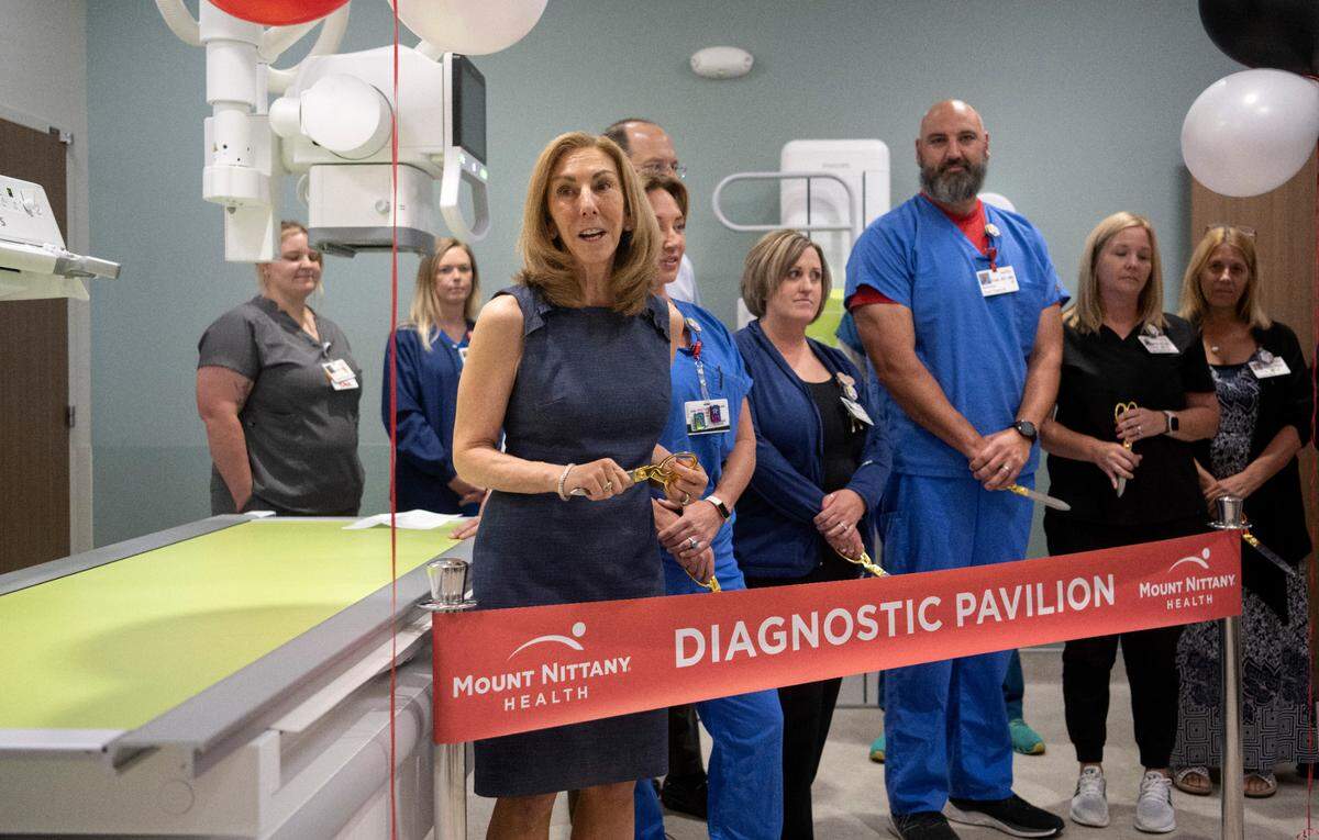 Mount Nittany Health CEO Kathleen Rhine talks Monday about the completion of the first phase of the renovated Diagnostic Pavilion in an exam room with X-ray and fluoroscopy capabilities.