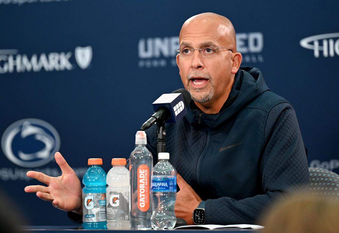 Penn State football coach James Franklin answers a questions during his weekly press conference on Monday, Sept. 29, 2025.  