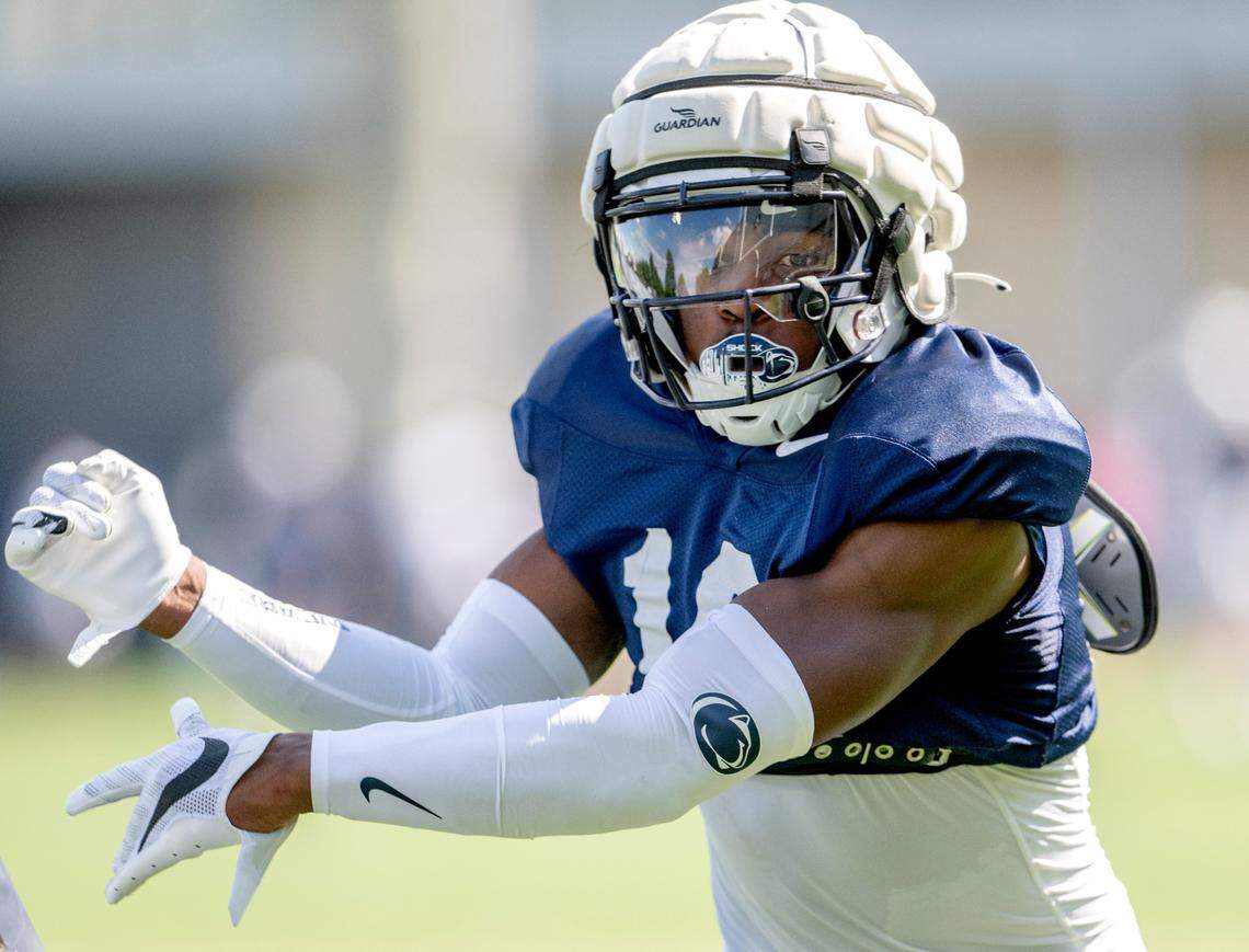 Penn State safety Ji’Ayir Brown runs a drill during practice on Saturday, Aug. 20, 2022.