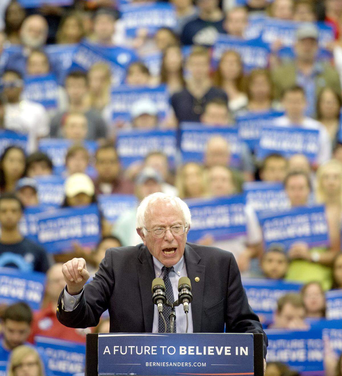 Presidential candidate Bernie Sanders is welcomed with cheers at Rec Hall on Tuesday, April 19, 2016.  