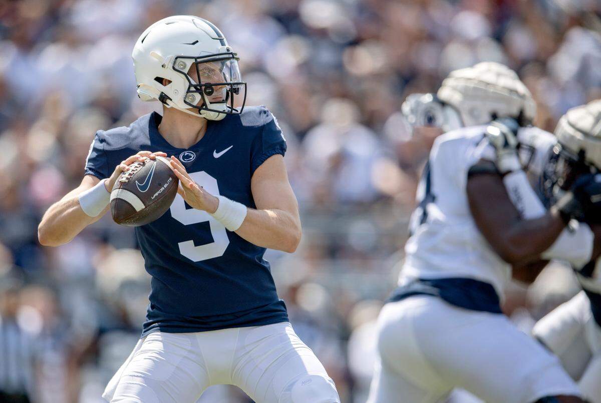 Penn State quarterback Christian Veilleux makes a pass during the Blue-White game on Saturday, April 23, 2022.