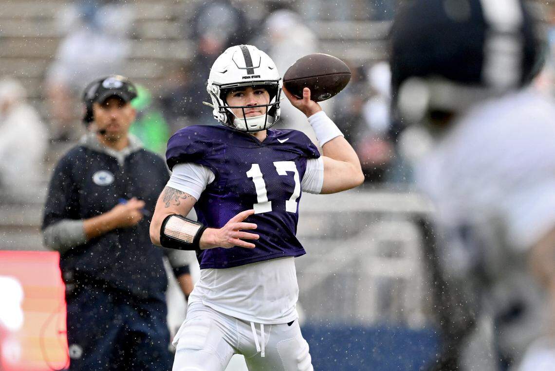 Penn State quarterback Connor Barry makes a pass during Blue-White Practice on Saturday, April 25, 2026.  