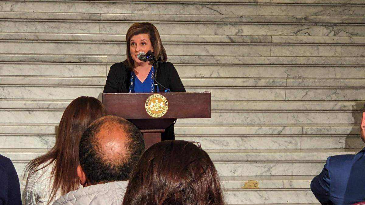 Kimberly Saltsman, executive director of the Mount Nittany Health Children’s Advocacy Center, receives the Blue Ribbon Champion for Safe Kids Award on Tuesday, April 2, 2024, in Harrisburg.