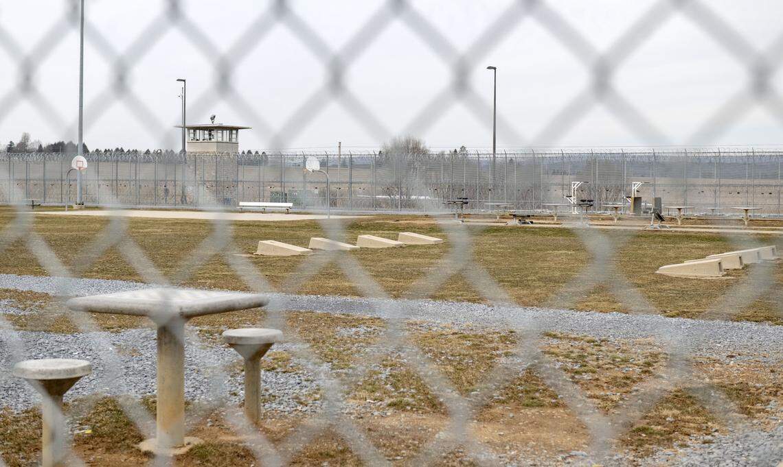 Tables, basketball courts and corn hole in the yard at Rockview state prison on Monday, March 2, 2026.  