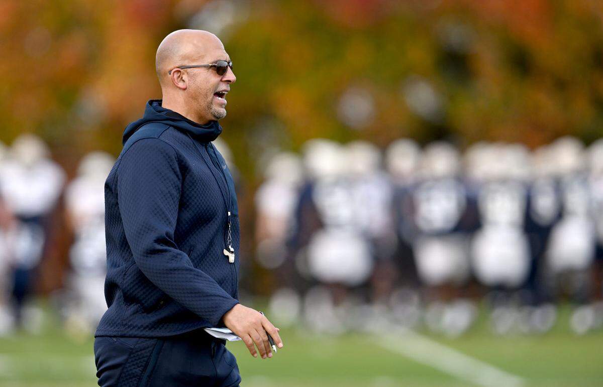 Penn State football coach James Franklin yells to players during practice on Wednesday, Oct. 30, 2024.