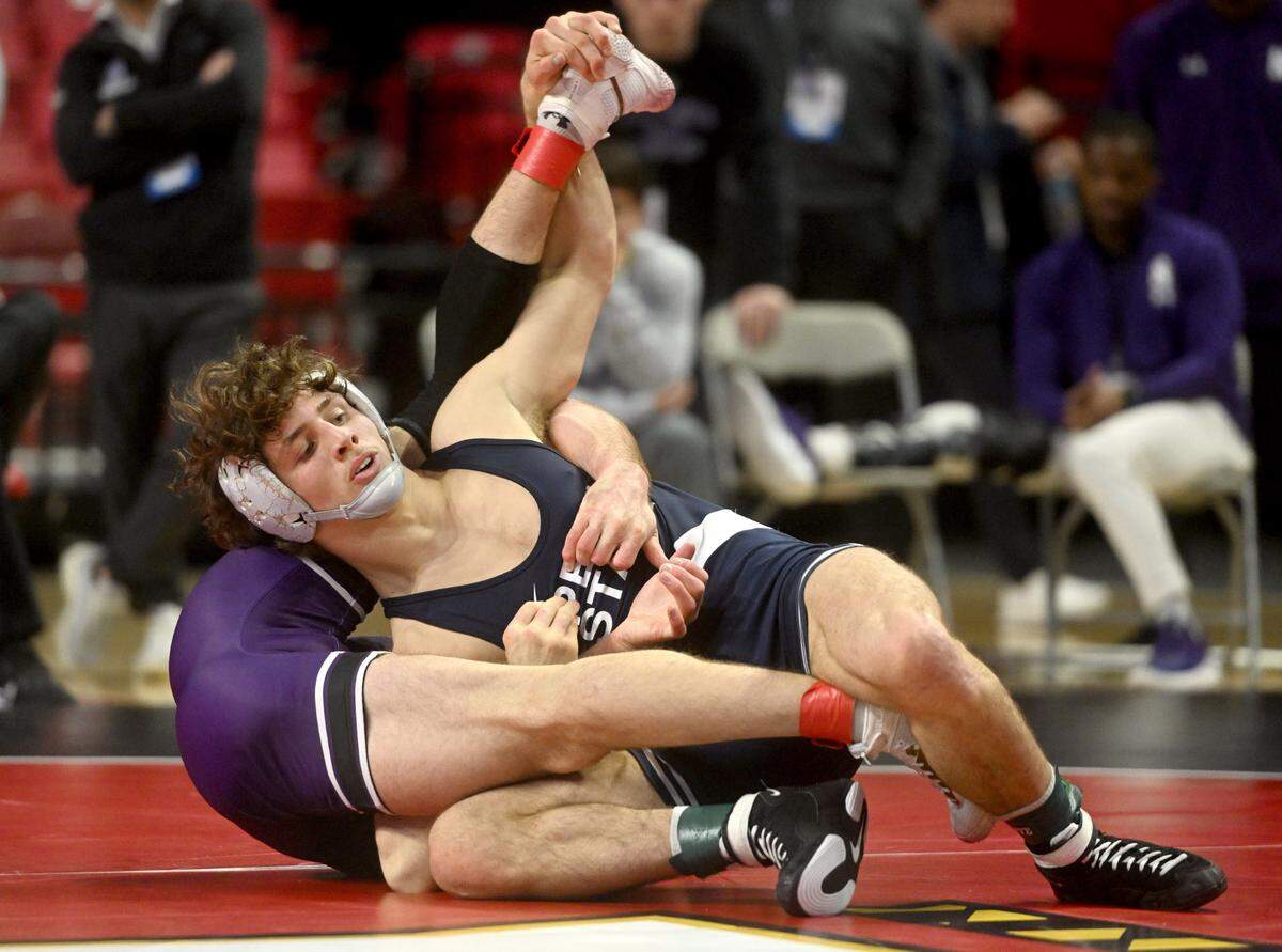 Penn State’s Levi Haines wrestles Northwestern’s Trevor Chumbley in a 157 lb quarterfinal match of the Big Ten Wresting Championships at the Xfinity Center at the University of Maryland on Saturday, March 9, 2024.