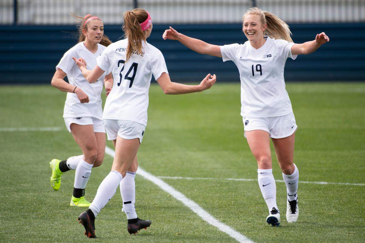 Penn State’s Frankie Tagliaferri (19) celebrates with teammates after scoring a goal during Penn State women’s soccer’s match against Maryland at Jeffrey Field on Saturday, April 3, 2021 in State College, PA. The Nittany Lions defeated the Terrapins 6-0.