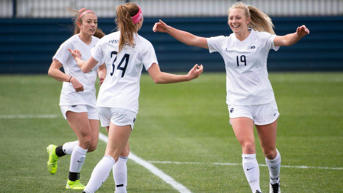 Penn State’s Frankie Tagliaferri (19) celebrates with teammates after scoring a goal during Penn State women’s soccer’s match against Maryland at Jeffrey Field on Saturday, April 3, 2021 in State College, PA. The Nittany Lions defeated the Terrapins 6-0.