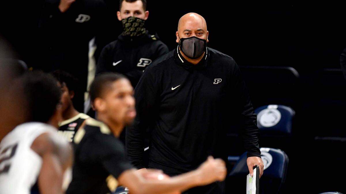 Purdue associate head coach Micah Shrewsberry yells to his players the game against Penn State on Friday, Feb. 26, 2021 at the Bryce Jordan Center.