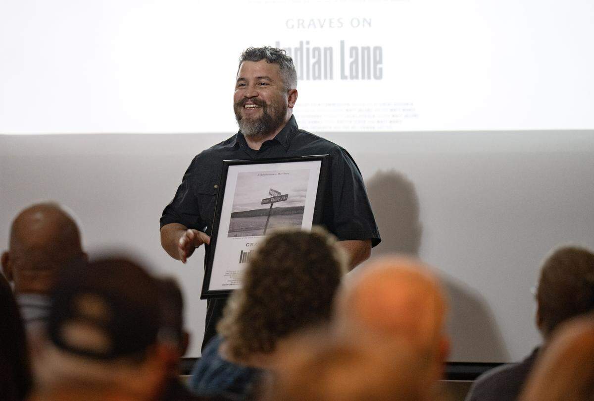 Matt Maris from Local Historia talks about the documentary “Graves on Indian Lane” during a screening at Schlow Library on Wednesday, May 27, 2026.  