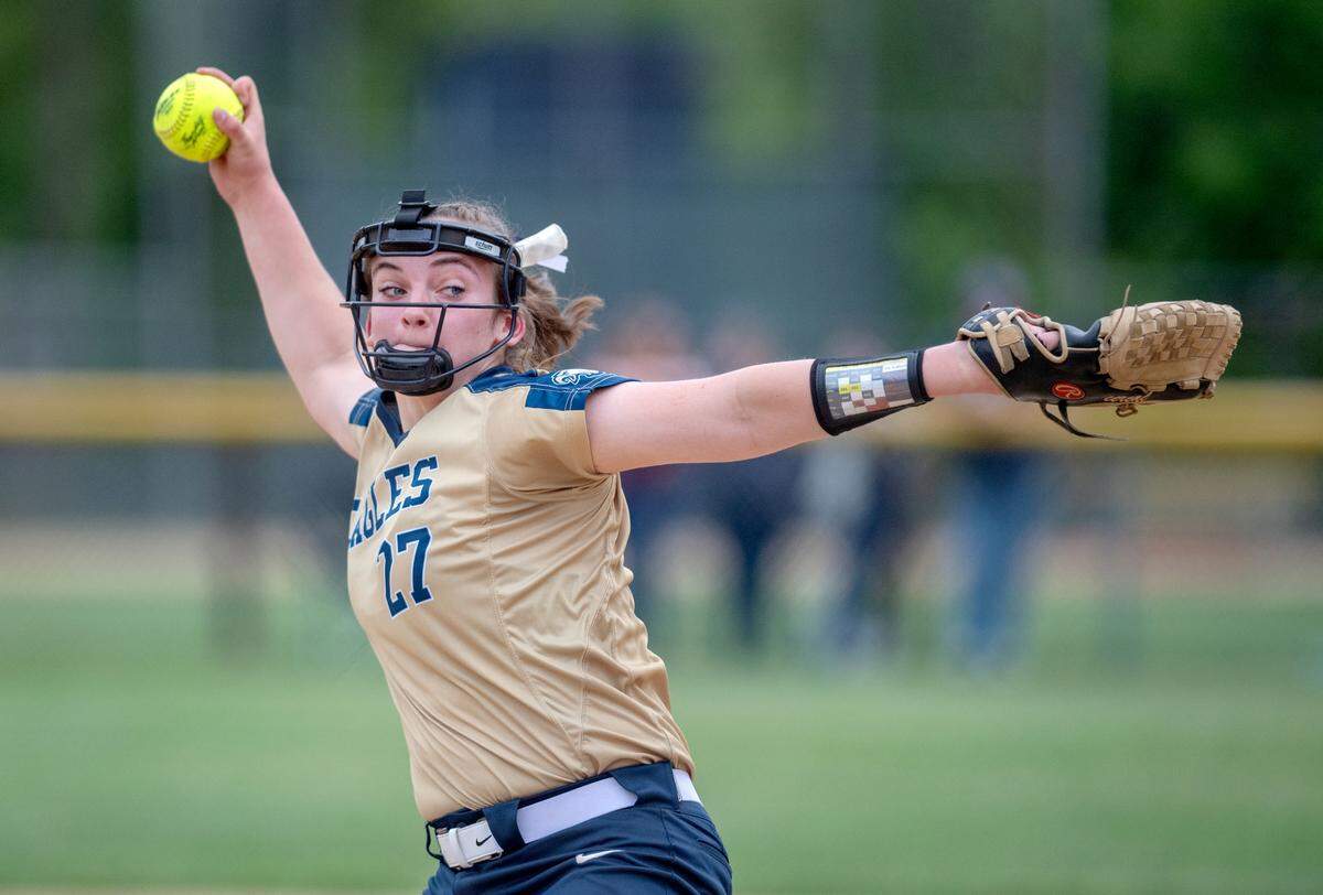 Bald Eagle Area’s Sierra Albright pitches during the District 6 playoff game against Central Cambria on Monday, May 23, 2022.