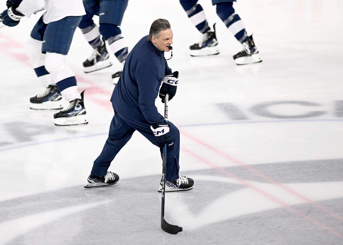 Penn State hockey coach Guy Gadowsky skates on the ice as his players warm up for practice on Monday, April 7, 2025 at Pegula Ice Arena.