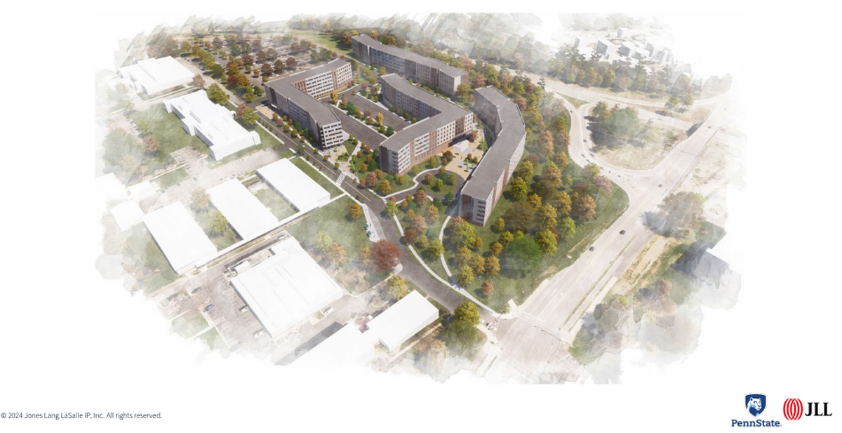 Penn State is moving forward with a ground lease for a 1,500 bed housing project at University Drive and College Avenue on its University Park campus. This rendering shows what the development may look like and where it’s located.