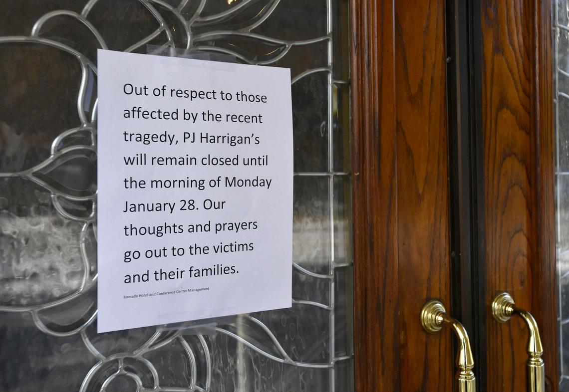 A sign on the door of the PJ Harrigan’s on South Atherton Street says it will be closed after the fatal shooting on Thursday, Jan. 24, 2019.