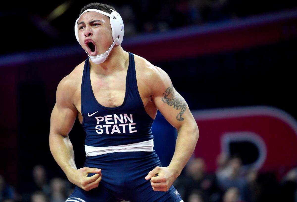Penn State’s Aaron Brooks celebrates his pin of Nebraska’s Taylor Venz during the semi-finals of the Big Ten Wrestling championships at Rutgers on Saturday, March, 7, 2020.