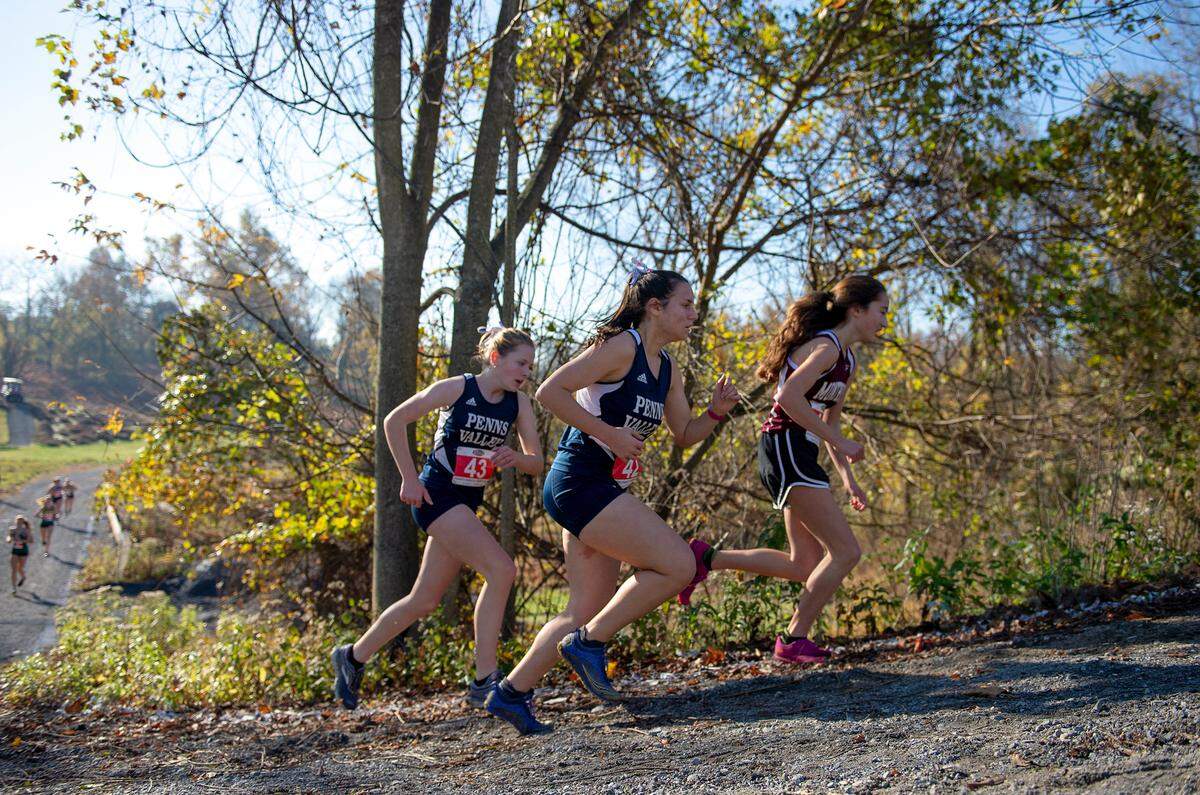 Penns Valley’s Abigail Stitzer, left, and Danielle Fetterolf compete in the girls Class A race at the PIAA Cross Country Championships on Saturday, November 7, 2020 in Hershey.