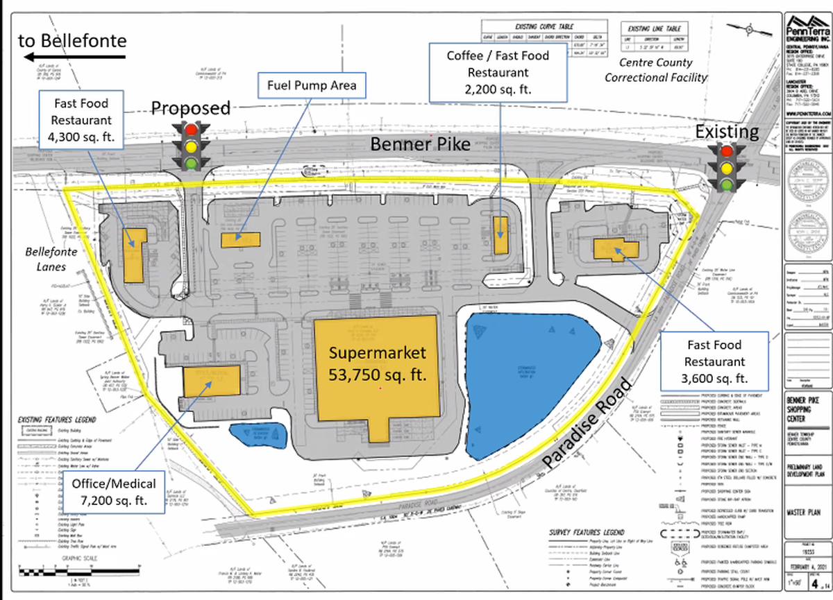 The development — located at the intersection of Paradise Road and Benner Pike — includes a grocery store and fueling area, two fast-food restaurants, a coffee shop/fast-food restaurant and an office/medical building.