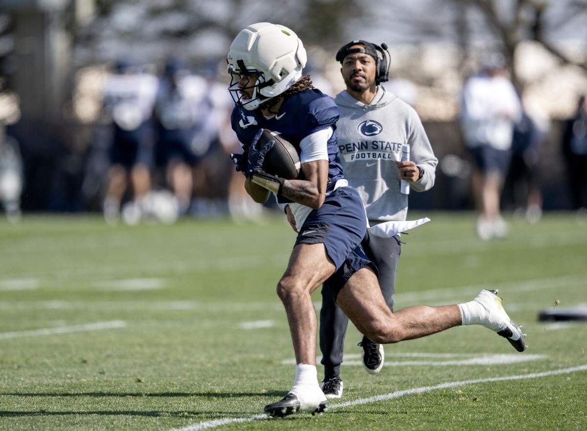 Penn State wide receiver Karon Brookins makes a catch  during practice on Thursday, April 9, 2026.  