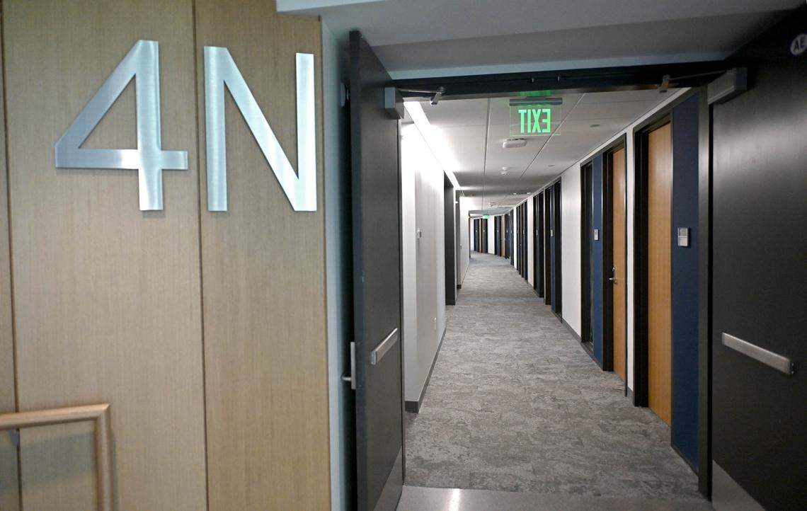 A hallway of offices in Penn State’s new Engineering Collaborative Research and Education Building on west campus on Friday, Sept. 6, 2024.