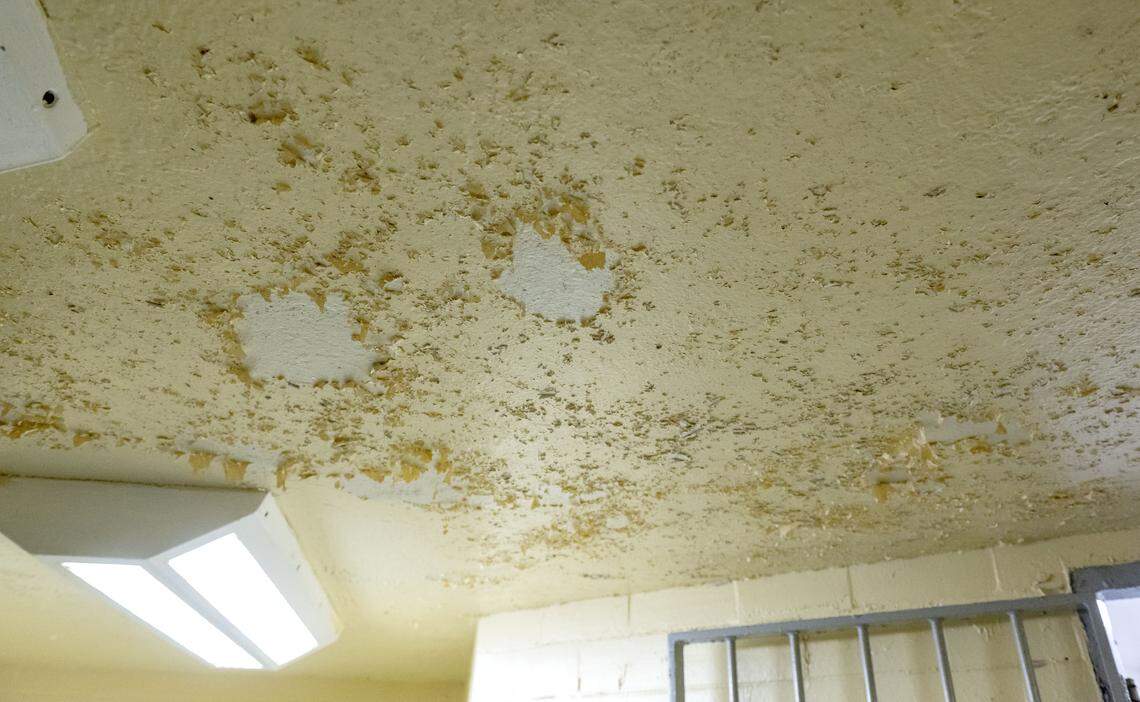 Paint chipping from the ceiling in a shower room of B Block at Rockview state prison on Monday, March 2, 2026.