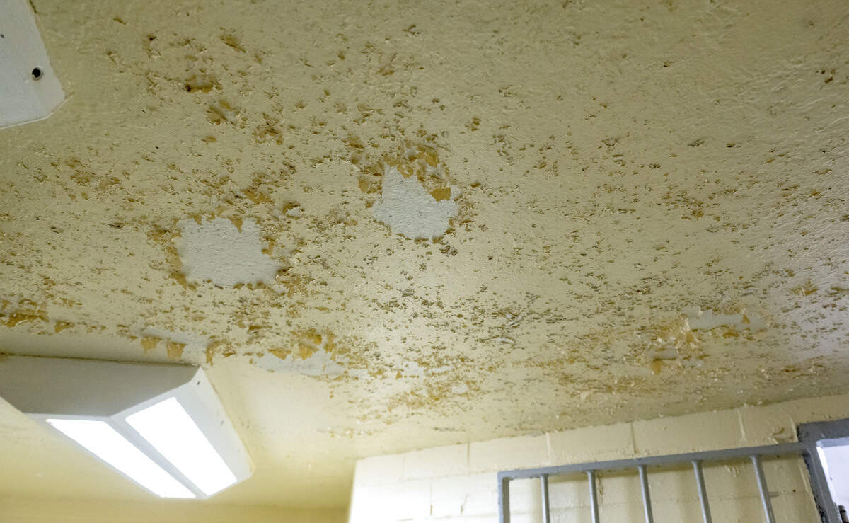 Paint chipping from the ceiling in a shower room of B Block at Rockview state prison on Monday, March 2, 2026.