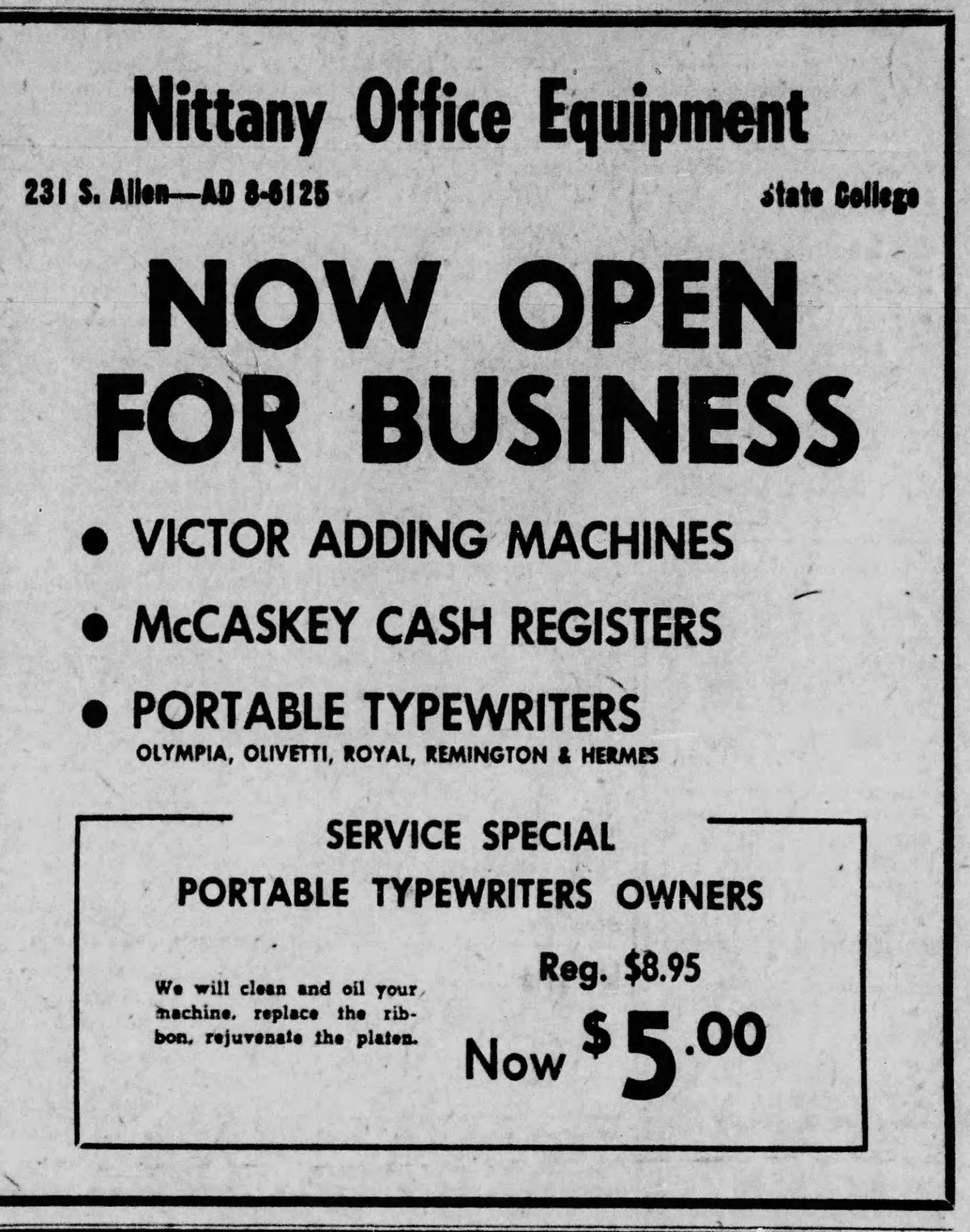 An ad for Nittany Office Equipment from July 29, 1957.
