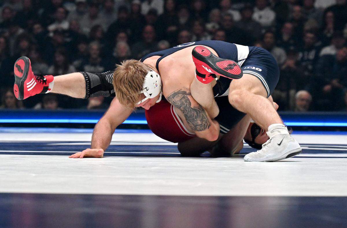 Penn State’s Josh Barr controls Nebraska’s Camden McDanel in the 197 lb bout of the match on Friday, Jan. 30, 2026.