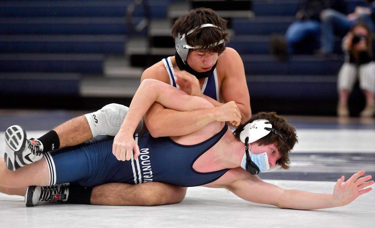Penns Valley’s Cole Felker controls Philipsburg-Osceola’s Jimmy Richetscheit in the 160 lb bout during the match on Tuesday, Jan. 19, 2021. Felker won by fall.