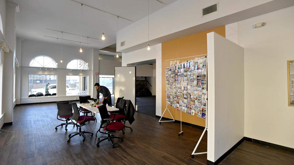 Spud Marshall works on Jan. 14 in the space at 137 E. Beaver Ave. that he and team are looking to transform into an arts and innovation center.