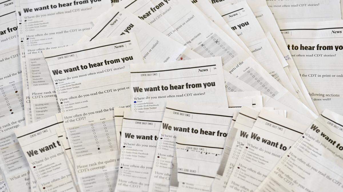 A pile of the reader survey from the Centre Daily Times. 