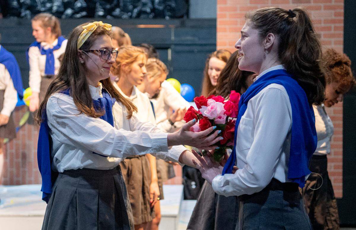 Madi Mazza, Sophia La Porta and the ensemble rehearse a scene for the Saint Joseph’s Catholic Academy’s production of “Emma: A Pop Musical” at the Boal Barn on Tuesday, May 3, 2022.