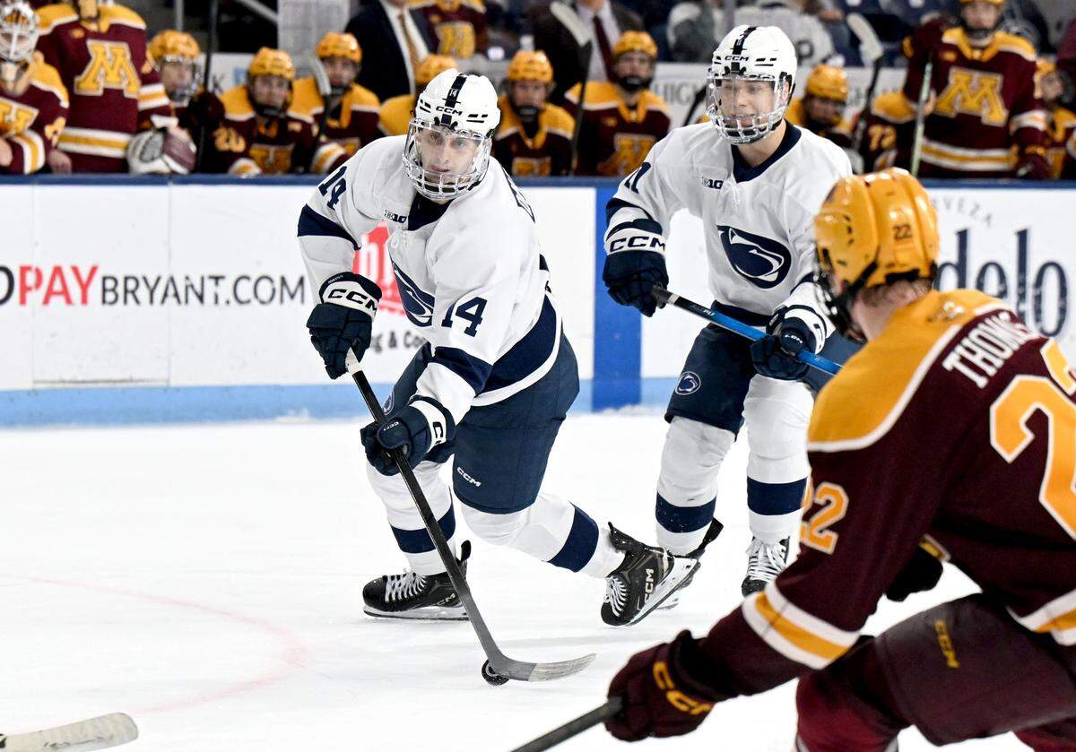 Penn State's Matt DiMarsico skates with the puck during the game against Minnesota on Wednesday, March 11, 2026 at Pegula Ice Arena. 