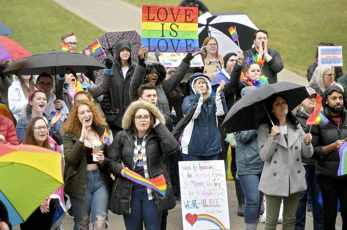 The crowd cheers during the Penn State LGBTQA Student Resource Center holds a pride march and rally on Friday, April 5, 2019.