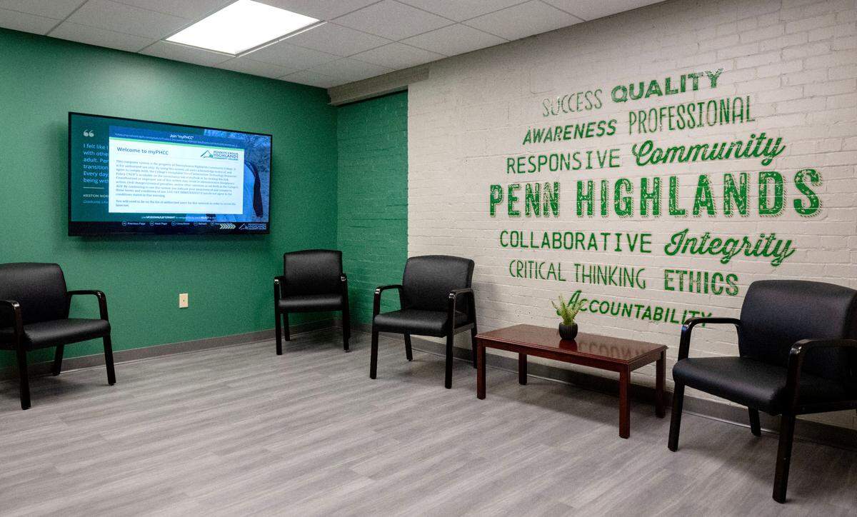 The entry area to the Pennsylvania Highlands Community College’s new location in the Match Factory building in Bellefonte.