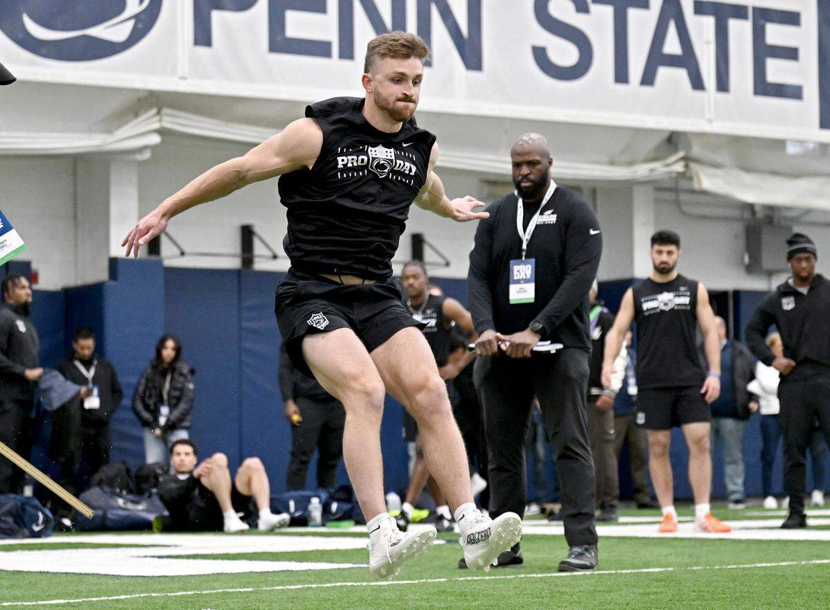 WR Liam Clifford does the broad jump during Penn State Pro Day on Wednesday, March 18, 2026. His best jump was 9-3.