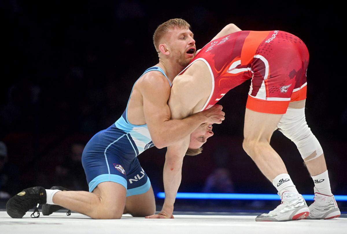 Kyle Dake controls Jason Nolf in the second bout of their best-of-three series final at 74 kg during the U.S. Olympic Team Trials at the Bryce Jordan Center on Saturday, April 20, 2024.
