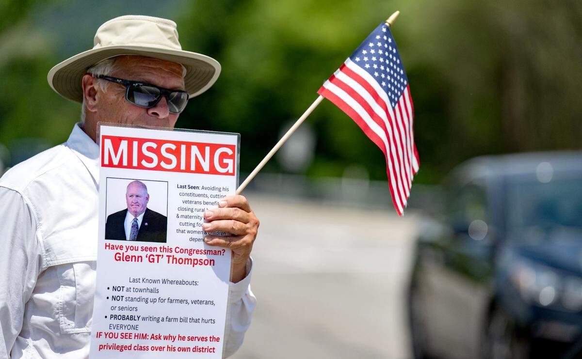 Protesters gather outside of U.S. Rep. Glenn Thompson’s office on Tuesday, June 24, 2025.