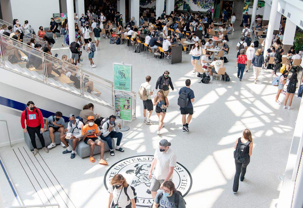 Penn State students gather in the HUB on the first day of classes on Monday, Aug. 23, 2021.