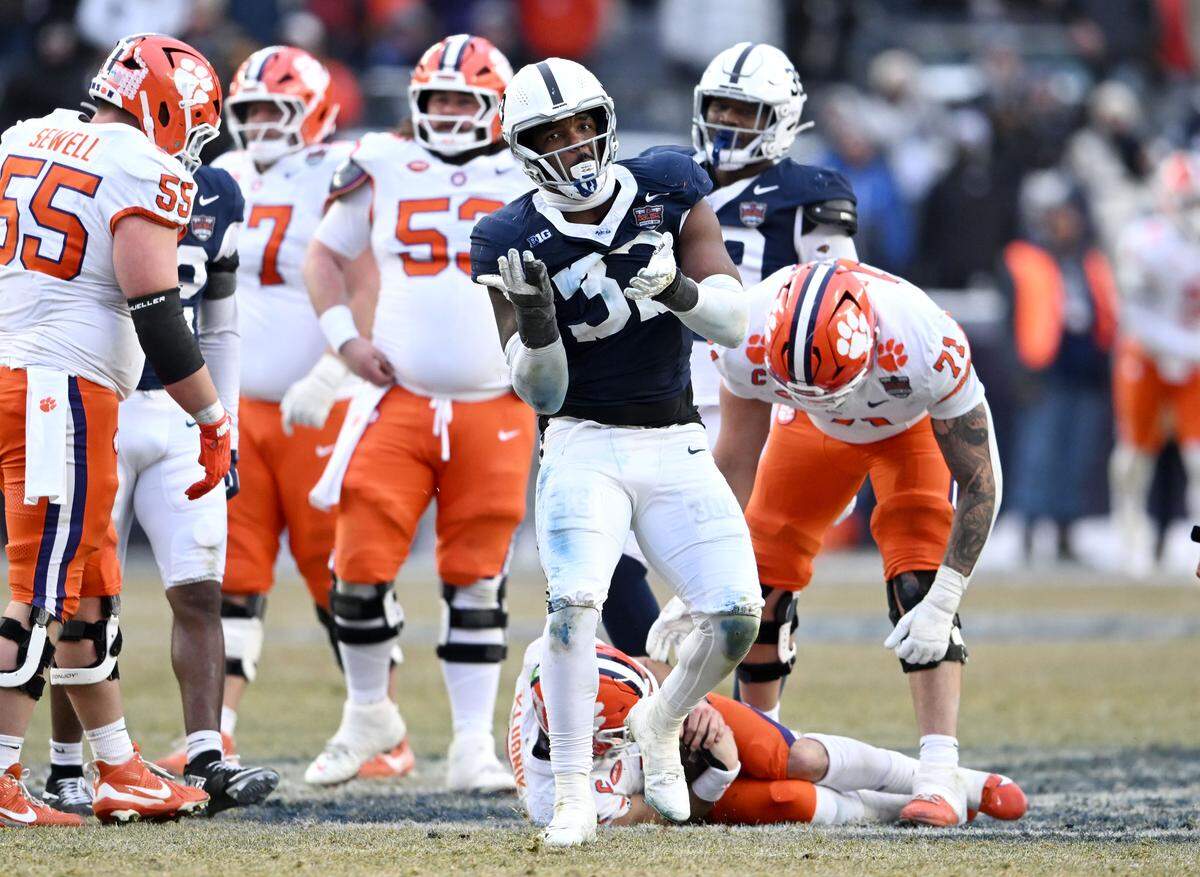 Penn State defensive end Dani Dennis-Sutton celebrates a sack during the Pinstripe Bowl at Yankee Stadium on Saturday, Dec. 27, 2025.  