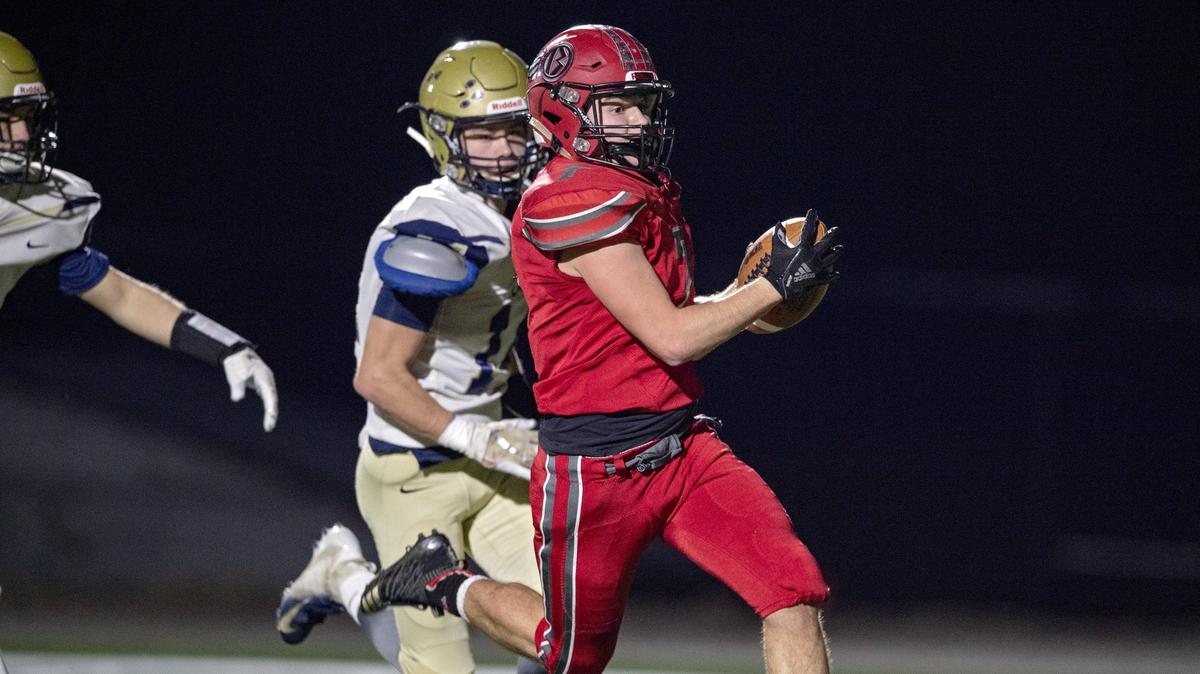 Bellefonte’s Mason Grey runs into the end zone for a touchdown ahead of Bald Eagle Area defenders during the first quarter of the Curtin Bowl at Rogers Stadium on Friday, Oct. 26, 2018.  Grey’s touchdown was the first touchdown on the new turf field.