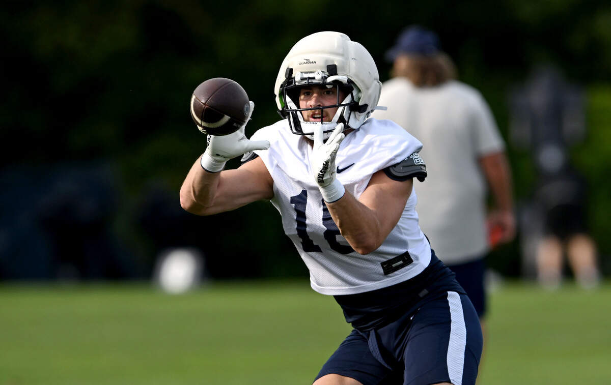 Penn State tight end Joey Schlaffer makes a catch during practice on Saturday, Aug. 2, 2025.